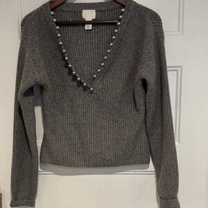 H&M Elegant Gray V-Neck Sweater with Silver Details